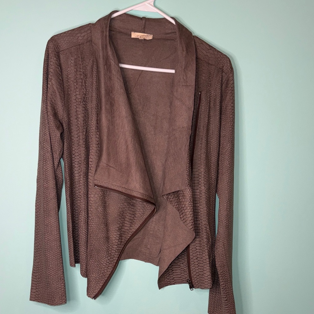 Mystree Taupe snake design zip up scarf jacket